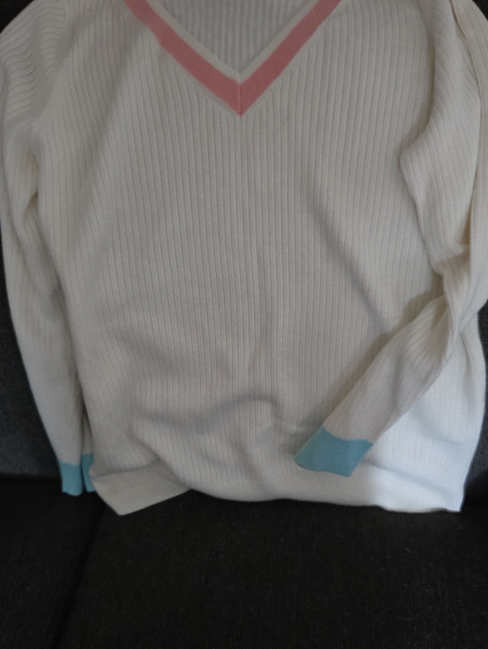 Talbots Cream V-Neck Ribbed Sweater with Pink Trim and Light Blue Cuffs
